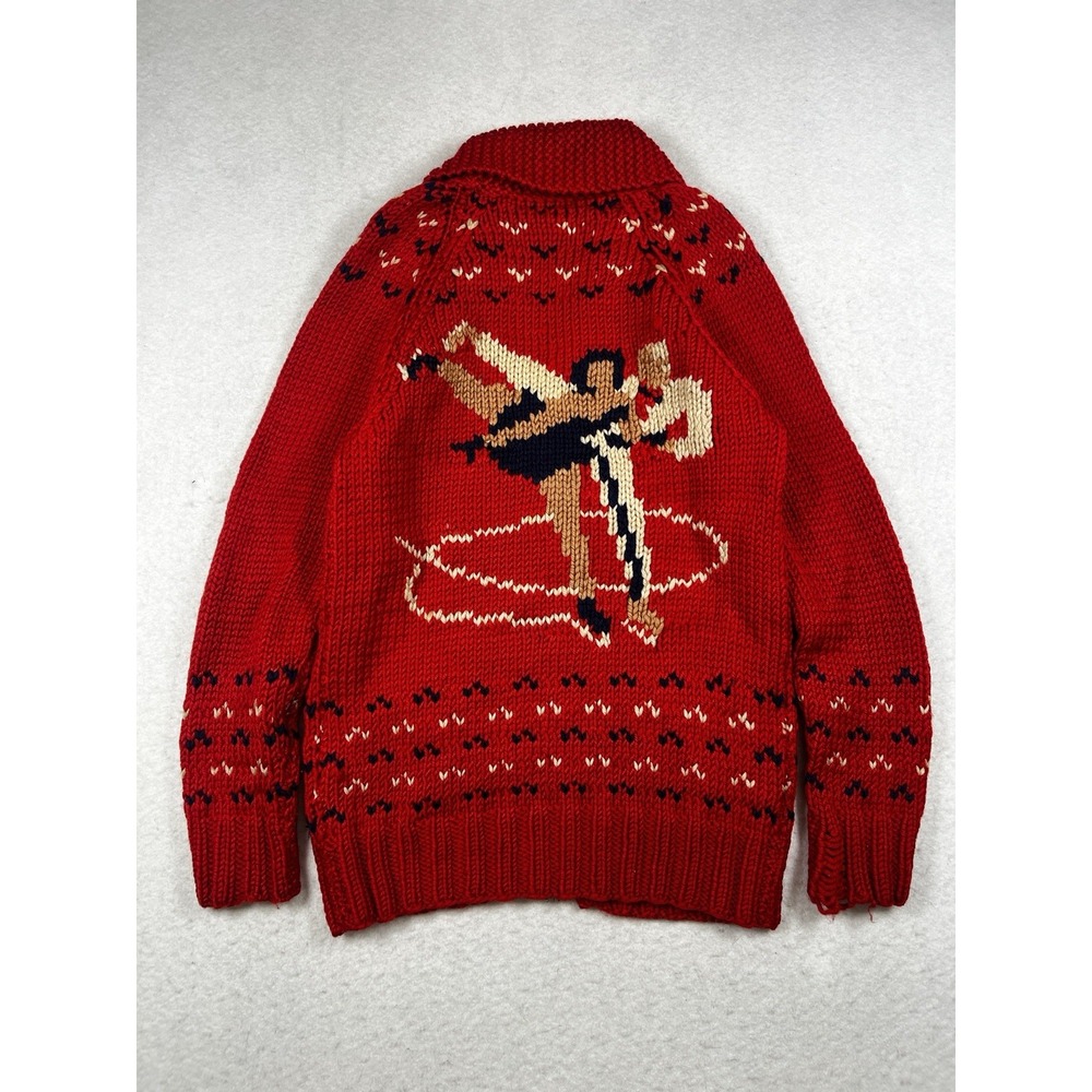 Vintage Mary Maxim Cowichan Figure Skating, Wool, Hand Knit Red Zip Up Sweater